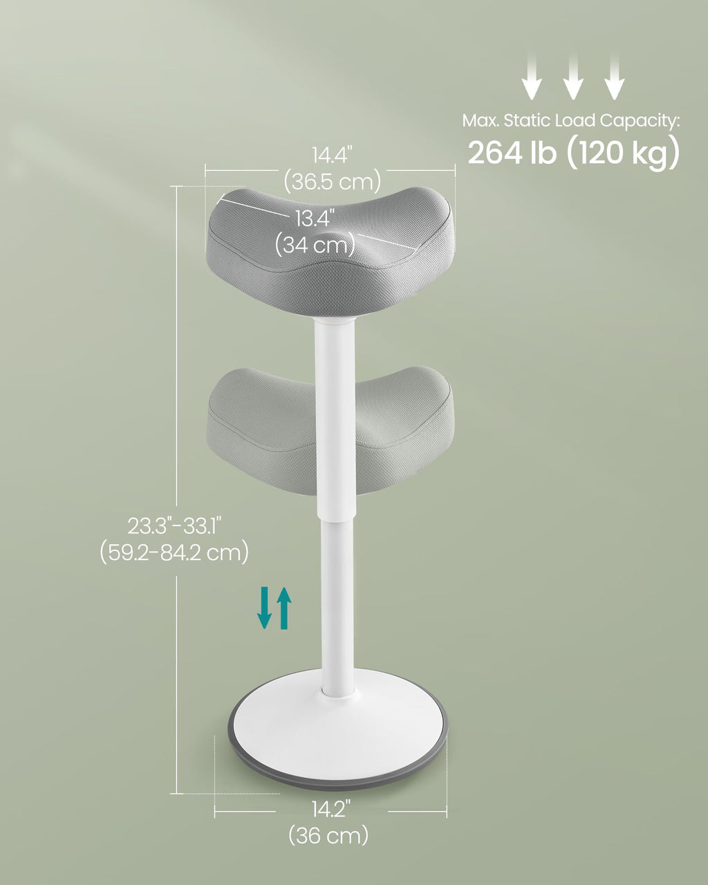 Ergonomic Sit Stand Stool, Height Adjustable Standing Desk Stool 23.3-33.1 Inches, Swivel Balance Chair with Non-Slip Base, Saddle Seat, for Active Sitting, Office, Home, Dove Gray