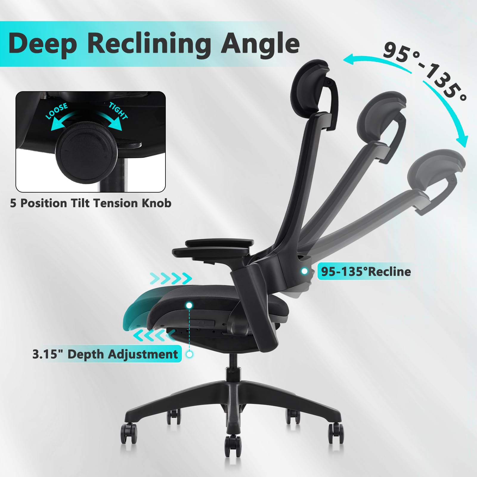 Ergonomic High Swivel Executive Chair with Adjustable Height Head 3D Arm Rest Lumbar Support and Upholstered Back for Home Office Black