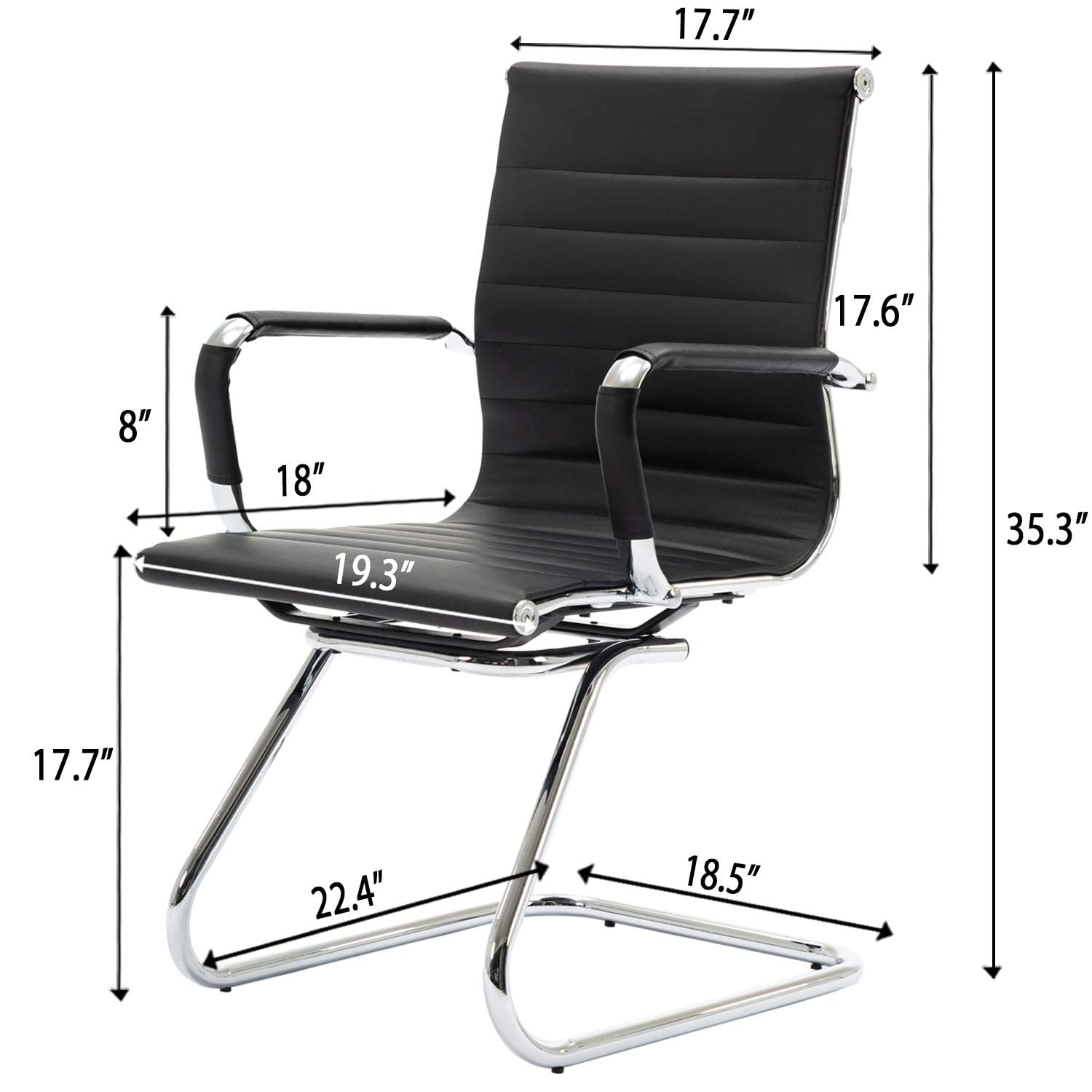 Conference Room Chairs Set of 6, Waiting Room Chairs with Arms, Faux Leather Reception Chairs No Wheels, Office Guest Chairs with Mid Back Support and Chrome Sled Base, Black