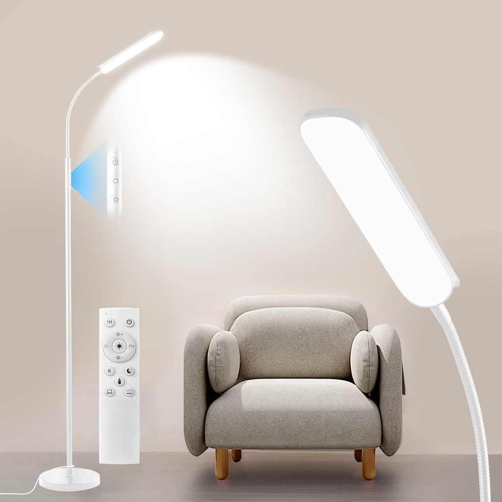 LED Floor Lamp, Super Bright Reading Lamps Floor Standing Lamp with Remote & Touch Control, Stepless Dimming & 2700K-6500K Color Temperature, for Living Room Bedroom Office, White