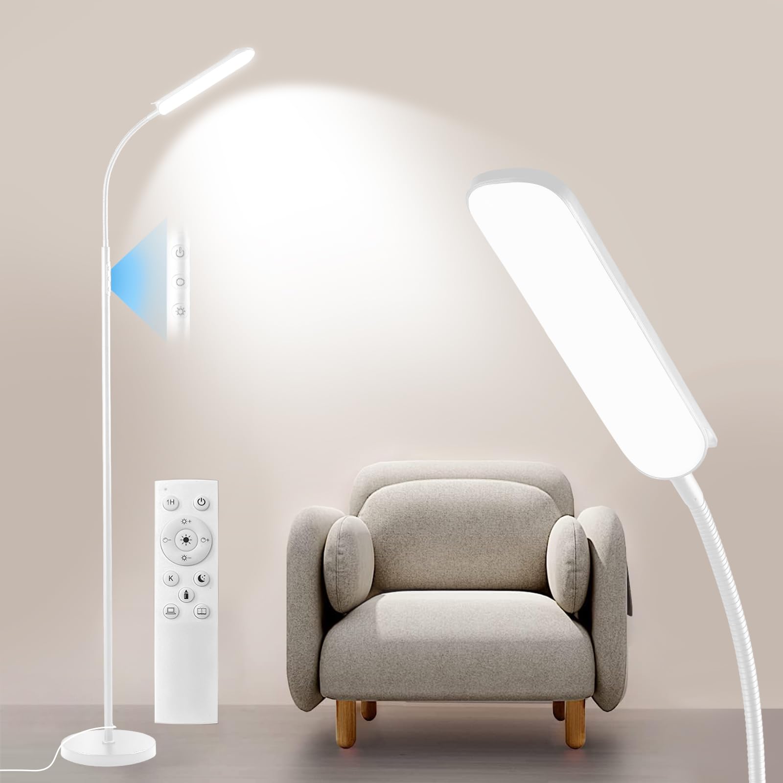 LED Floor Lamp, Super Bright Reading Lamps Floor Standing Lamp with Remote & Touch Control, Stepless Dimming & 2700K-6500K Color Temperature, for Living Room Bedroom Office, White