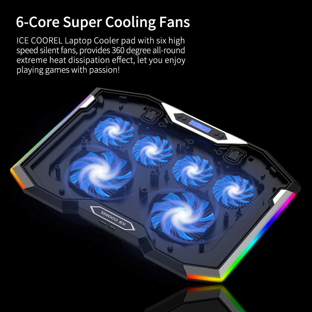 Laptop Cooling Pad 15-17.3 Inch, Laptop Fan with 6 RGB Cooling Fans, Laptop Cooling Stand with 6 Height Adjustable, Laptop Cooler with LCD Screen, 2 USB Ports, Phone Stand