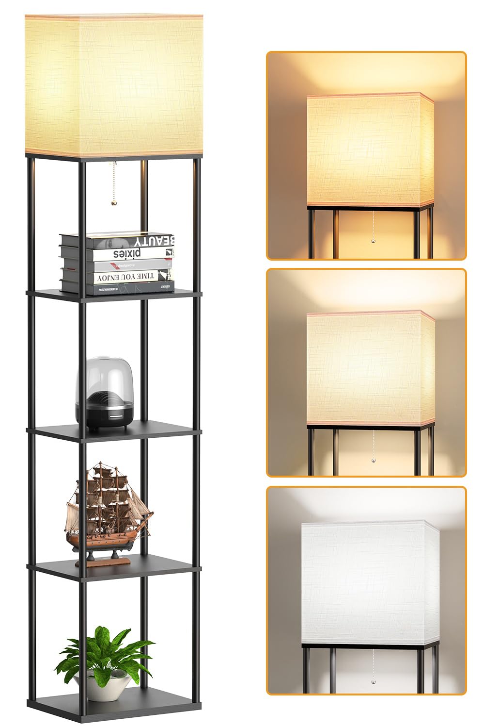 Large Floor Lamp with Shelves, 5-Tier Tall Floor lamp with for Living Room, Shelf Floor Lamp with 3 CCT LED Bulb, Corner Display Standing Column Lamp, Etagere Organizer Tower Nightstand for Bedroom