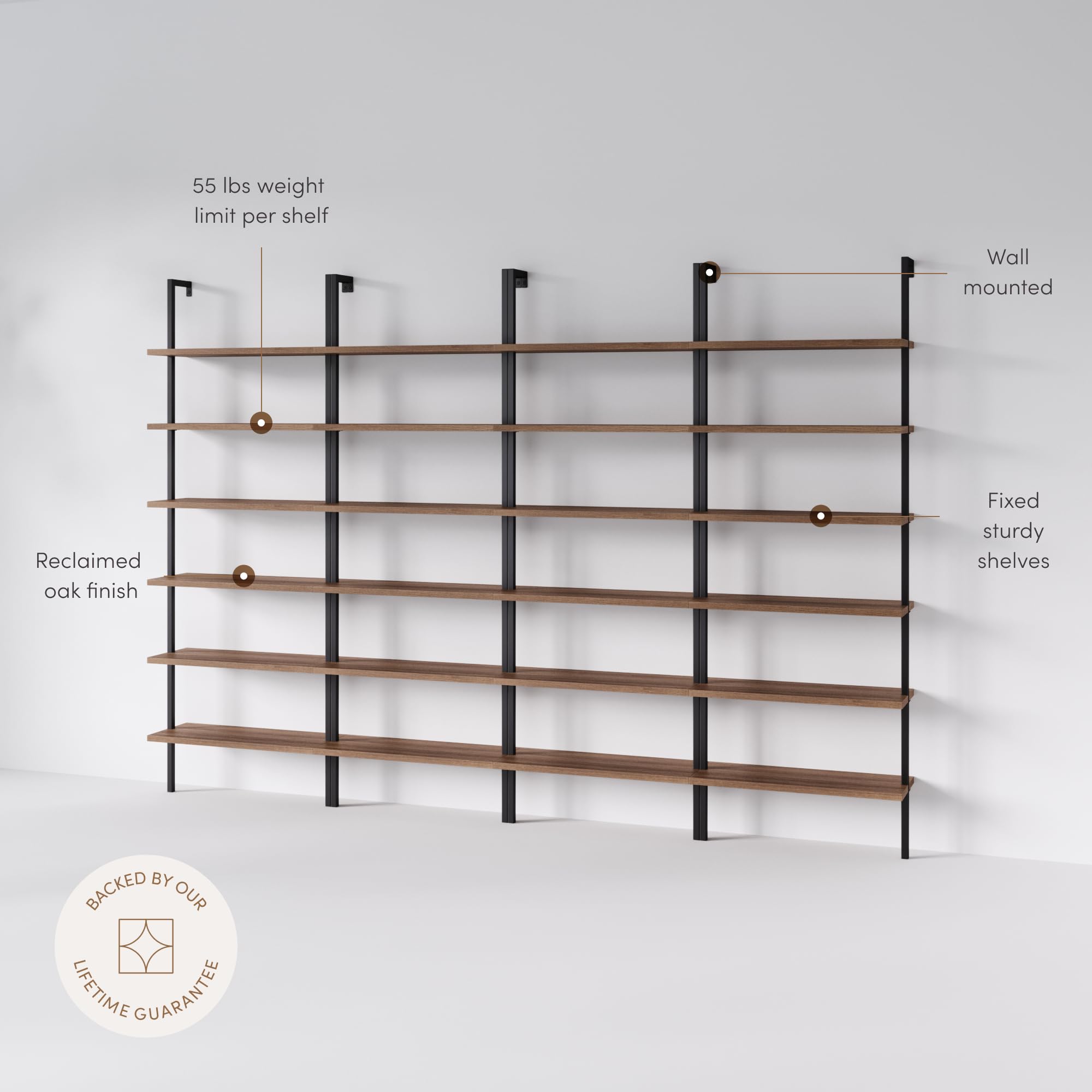 Set of 4, 6-Shelf Tall Bookcase, Wall Mount Bookshelf with Reclaimed Oak Wood and Industrial Metal Frame, Reclaimed Oak/Matte Black