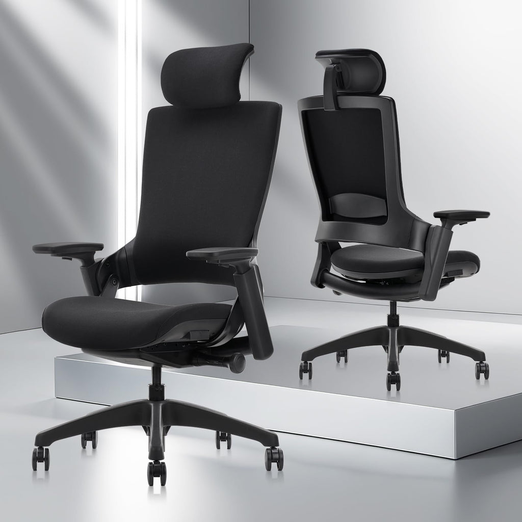 Ergonomic High Swivel Executive Chair with Adjustable Height Head 3D Arm Rest Lumbar Support and Upholstered Back for Home Office Black