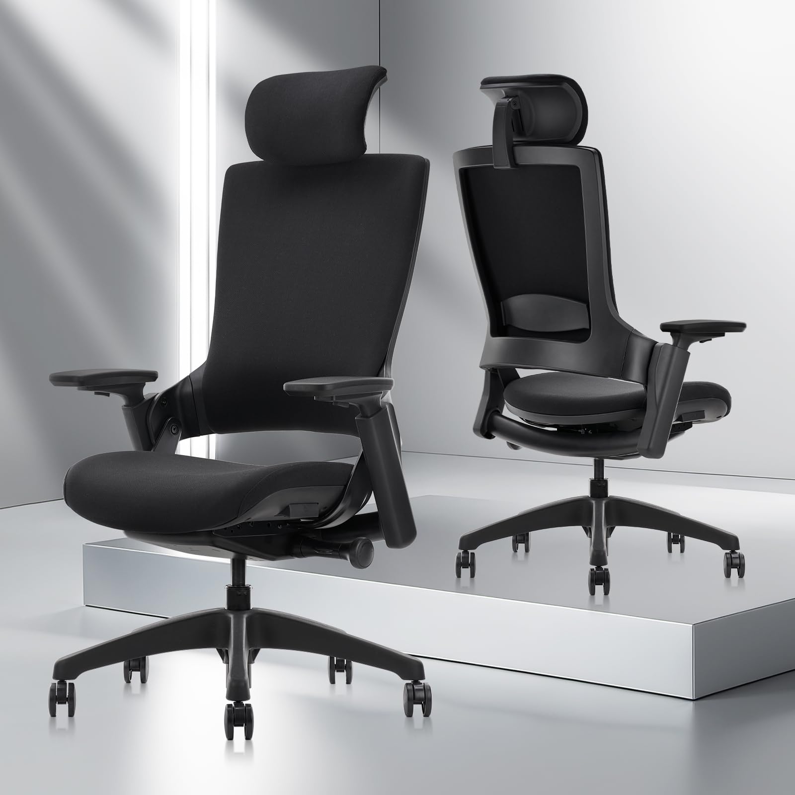 Ergonomic High Swivel Executive Chair with Adjustable Height Head 3D Arm Rest Lumbar Support and Upholstered Back for Home Office Black