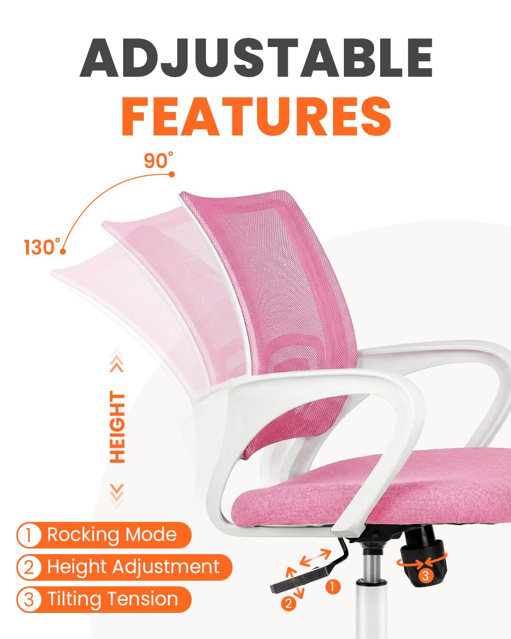 Office Desk Computer Chair Ergonomic Mesh Gaming Cushion Seat with Comfy Lumbar Mid Back Support Adjustable Height Swivel Rolling Wheels for Home Task (Pink)