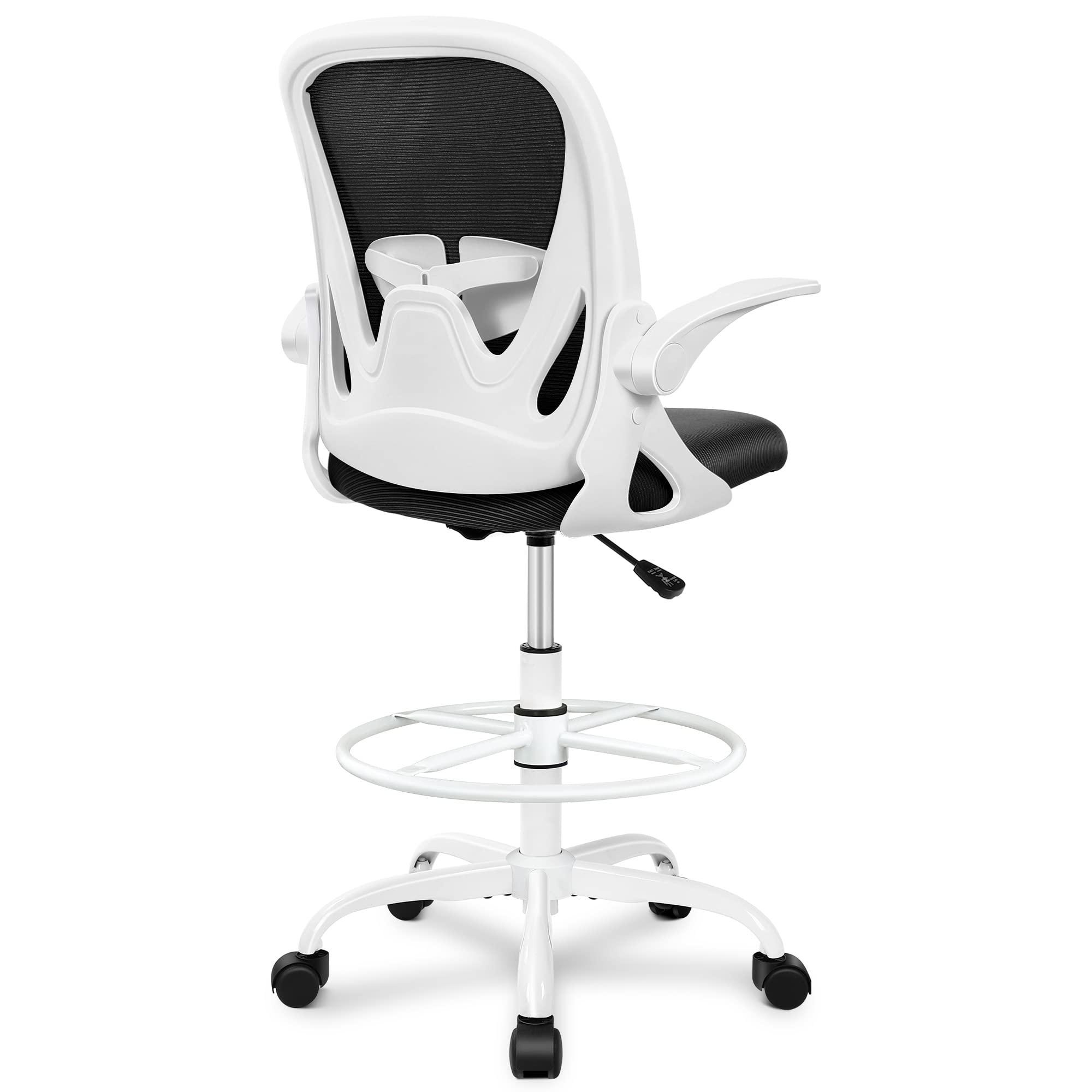 Ergonomic Drafting Chair with Flip-up Armrests Tall Office Chair for Standing Desk Comfortable Desk Chair with Adjustable Footrest Ring and Lumbar Support in Gray Perfect for Home (White)