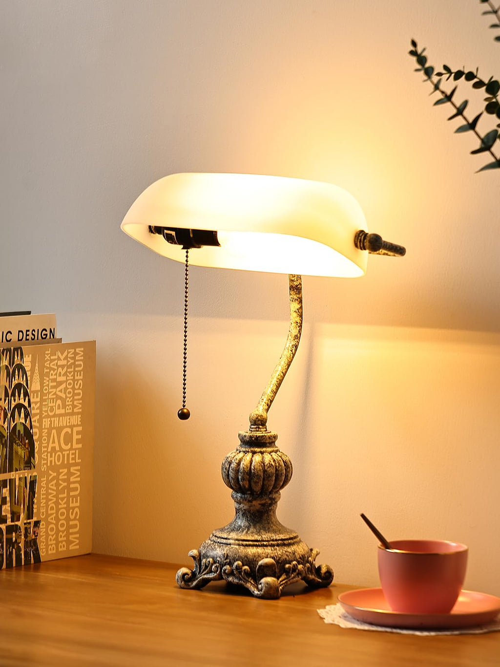 Retro White Matted Glass Bankers Desk Lamp,LED Bulb Included