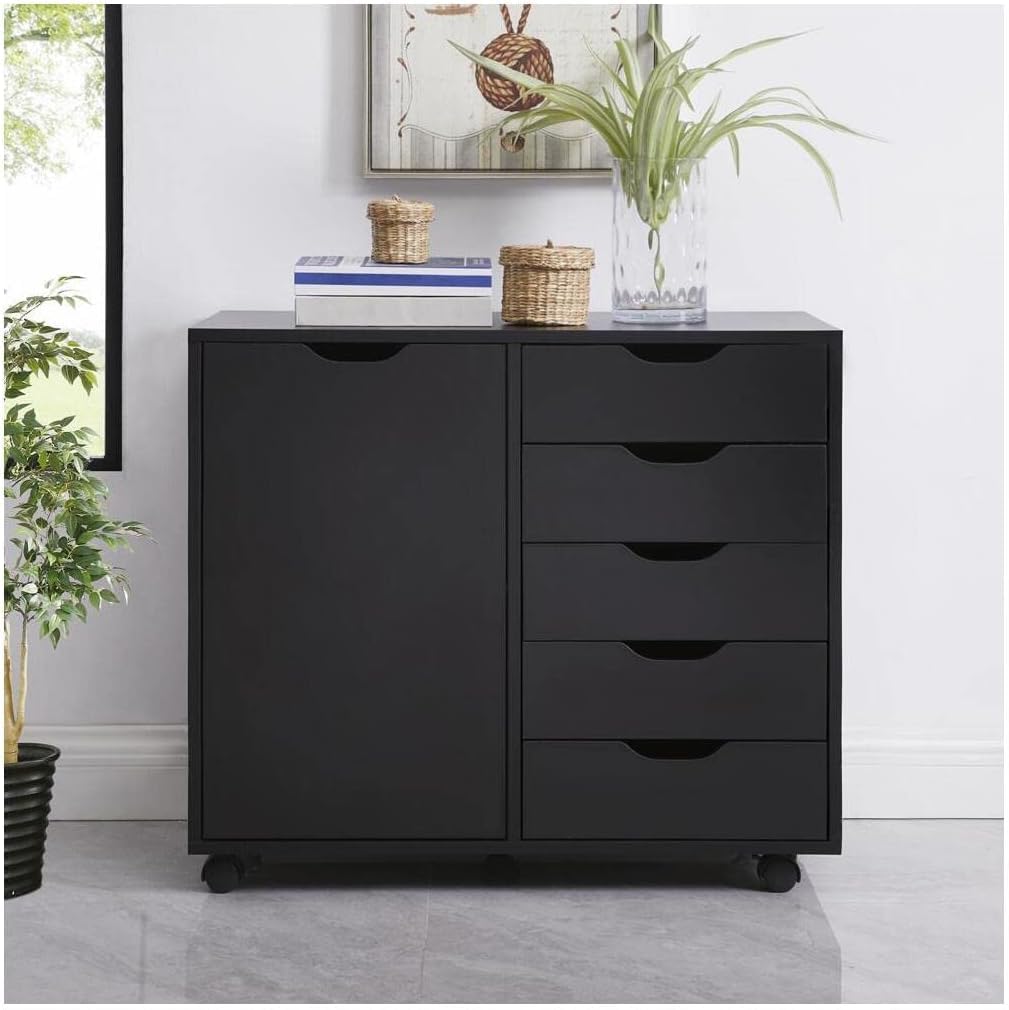 5-Drawer Wood Drawer Cabinet, Office Storage Cabinet with Adjustable Shelf & Wheels, Printer Stand for Home Office, Black, 15.7" D x 30.7" W x 25.4" H