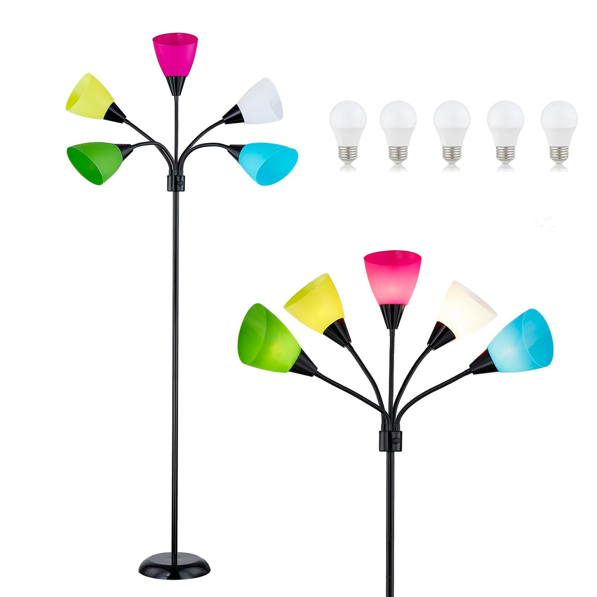 Medusa Modern Decor Floor Lamp, 5 Head Adjustable Gooseneck Lamps for Reading, Colorful Multiple Tall Standing Lamps for Living Room Bedroom Office Kids Classroom, Black, Bulbs Included
