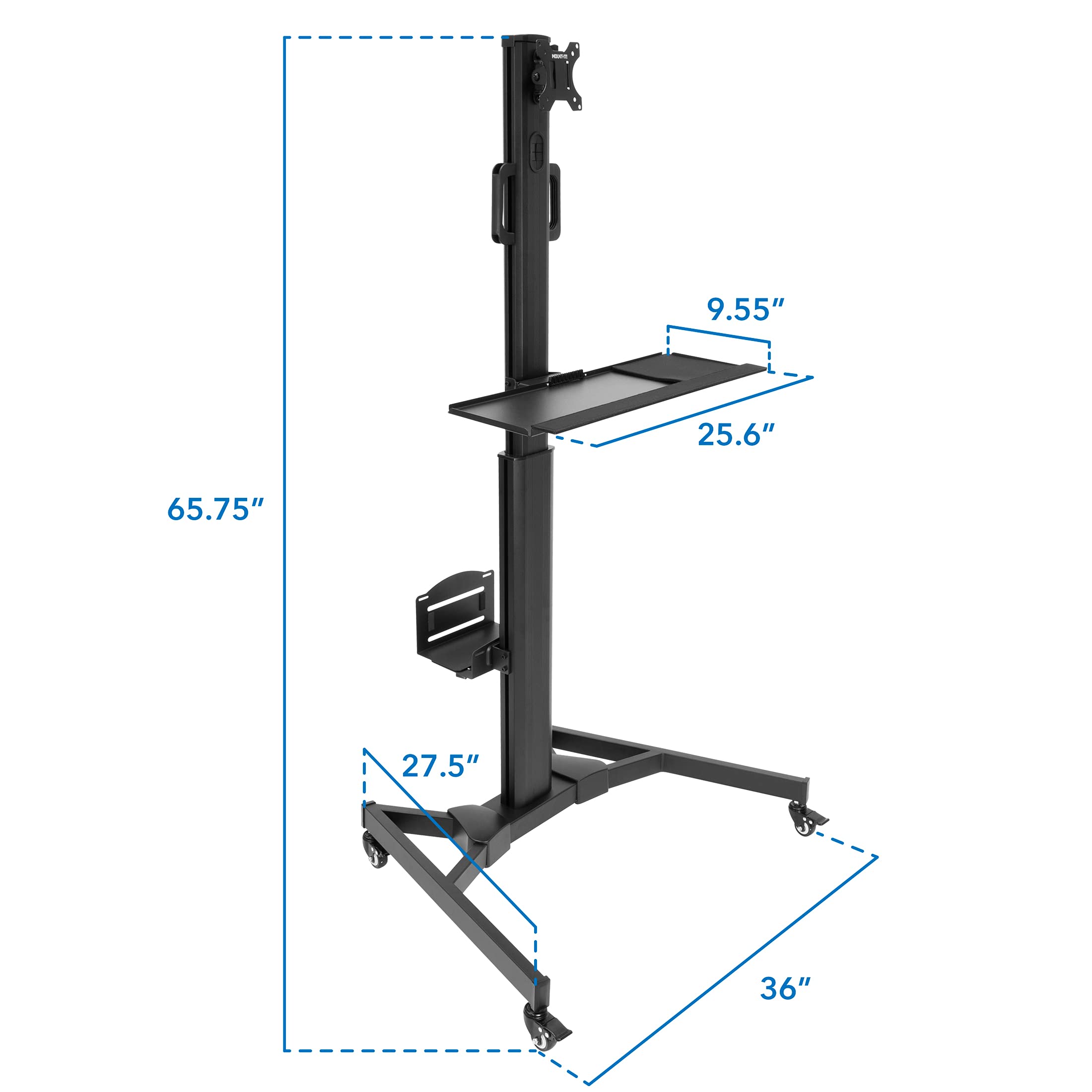 Computer Cart Mobile Desk Workstation with Monitor Mount for Screen up to 32", Rolling Computer Desk PC Cart, Keyboard & Mouse Tray, Rolling Stand with Adjustable CPU Holder, 63.5" Tall