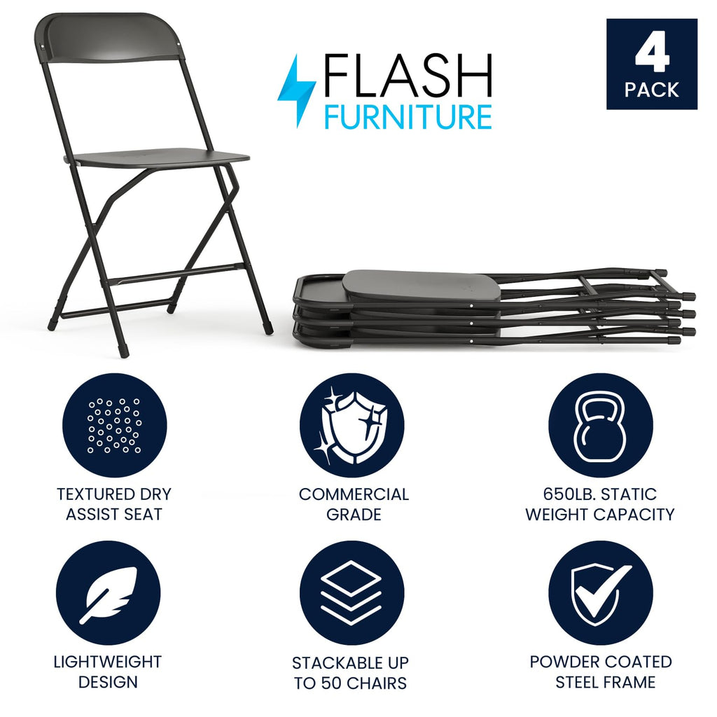 Set of 4,Hercules Series Plastic Folding Chairs for Parties and Weddings, Stackable Commercial Event Seats with 650-lb. Static Weight Capacity, Black