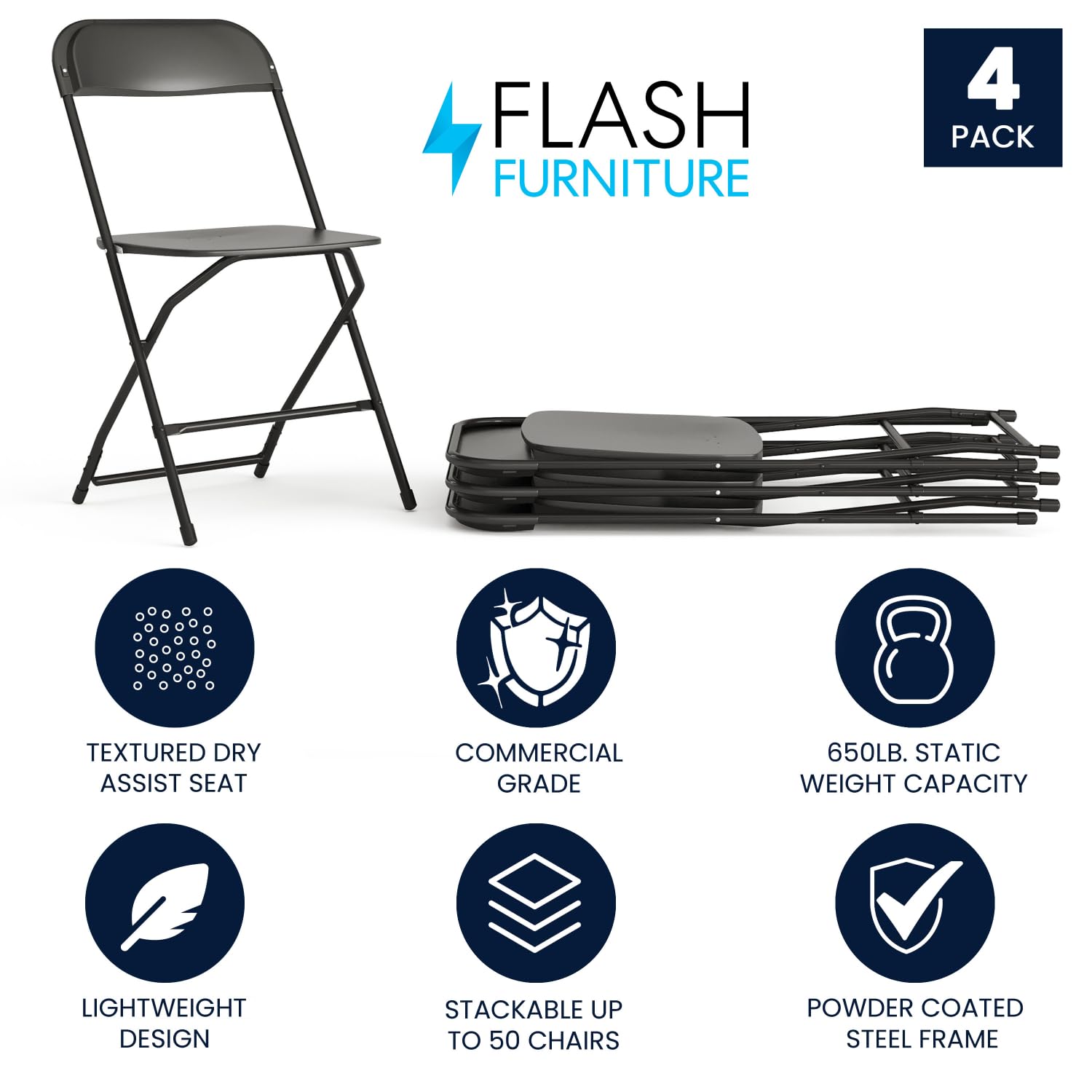 Set of 4,Hercules Series Plastic Folding Chairs for Parties and Weddings, Stackable Commercial Event Seats with 650-lb. Static Weight Capacity, Black