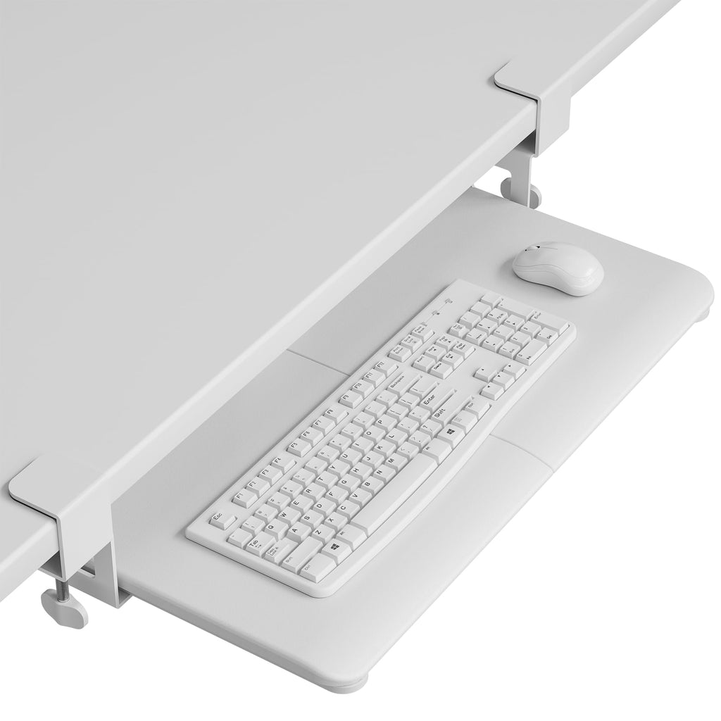 Under Desk Keyboard Tray, Pull-Out Keyboard & Mouse Platform with C-Clamp, 25.6 x 11.8 in Space-Saving Ergonomic Slide-Out Drawer, White