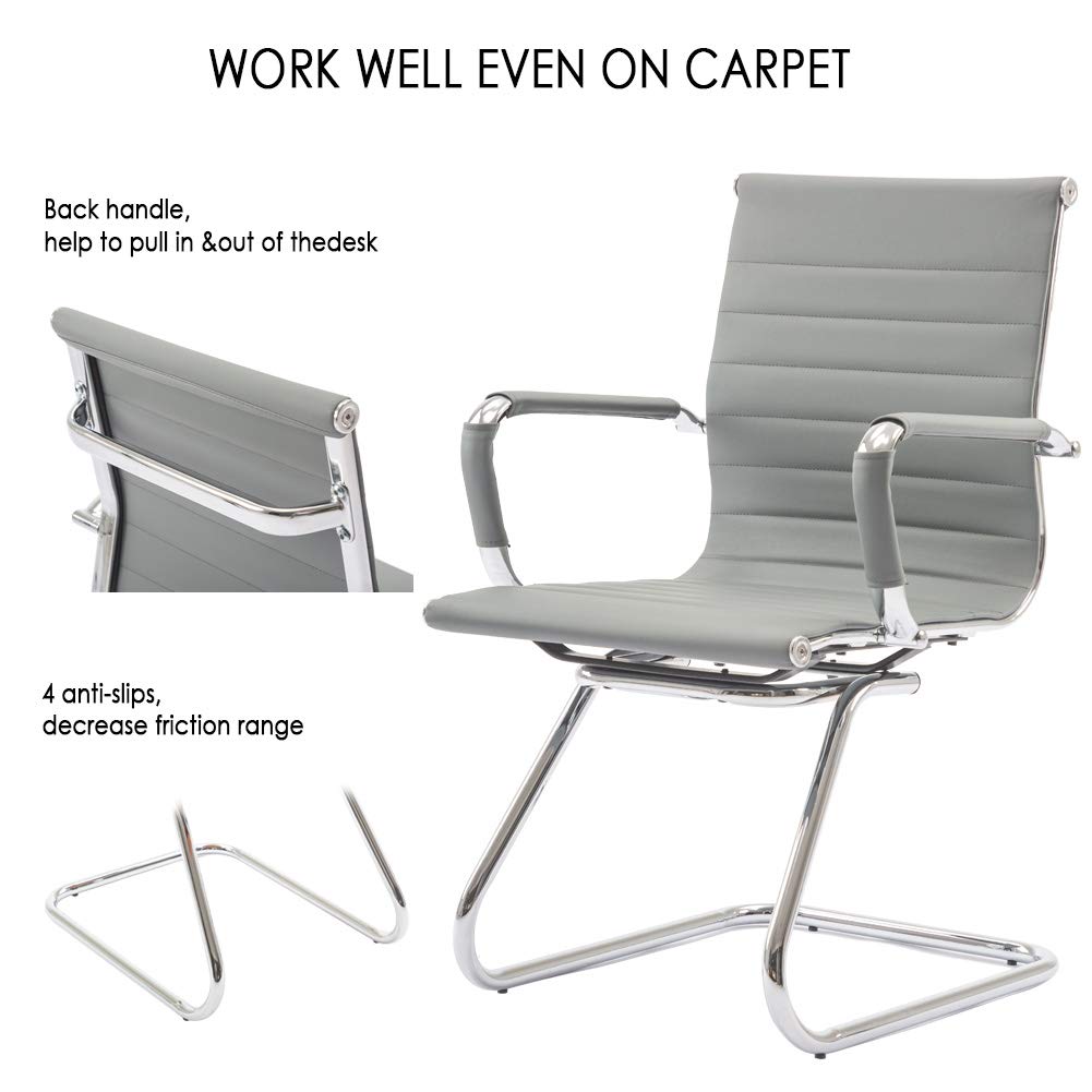 Conference Room Chairs Set of 2, Waiting Room Chairs with Arms, Faux Leather Reception Chairs No Wheels, Office Guest Chairs with Mid Back Support and Chrome Sled Base, Grey