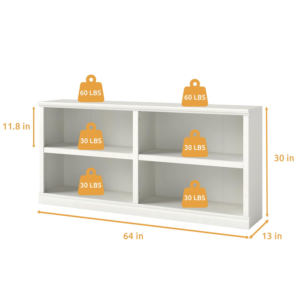 64" W Double Wide Horizontal Bookshelf, 2 Tiers 4 Storage Cube Book Case
