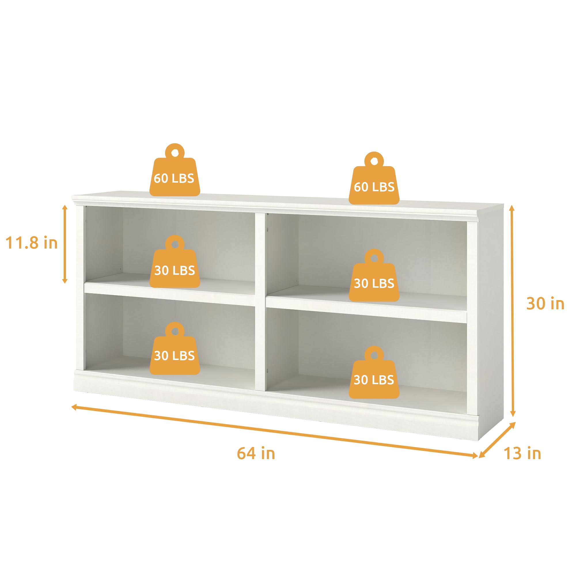 64" W Double Wide Horizontal Bookshelf, 2 Tiers 4 Storage Cube Book Case
