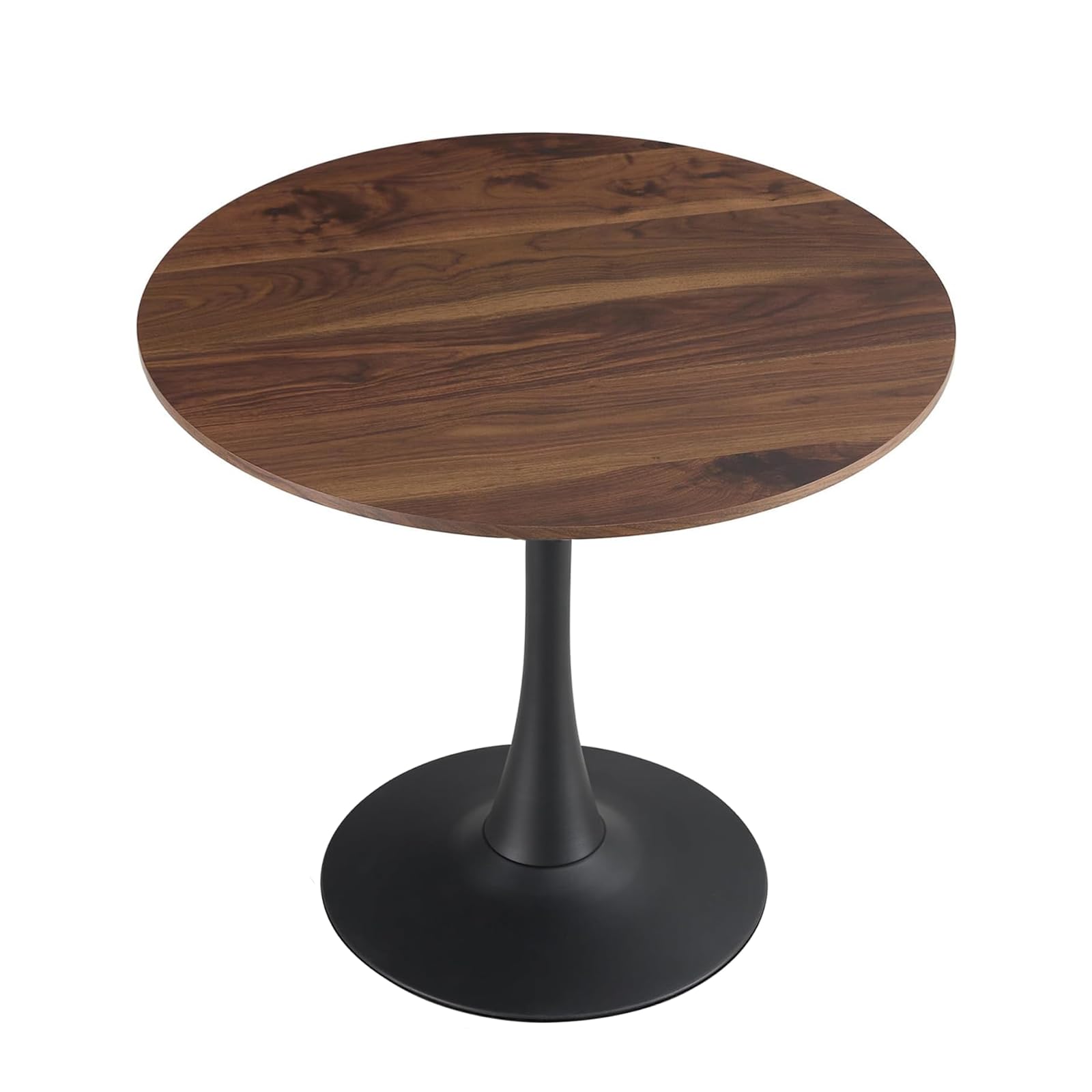 HYYTEIBL 27.3" Round Tulip Dining Table for 2-4 People with Walnut Top and Black Metal Pedestal Base, Mid-Century Modern Small Space Table for Kitchen, Living Room, Cafe