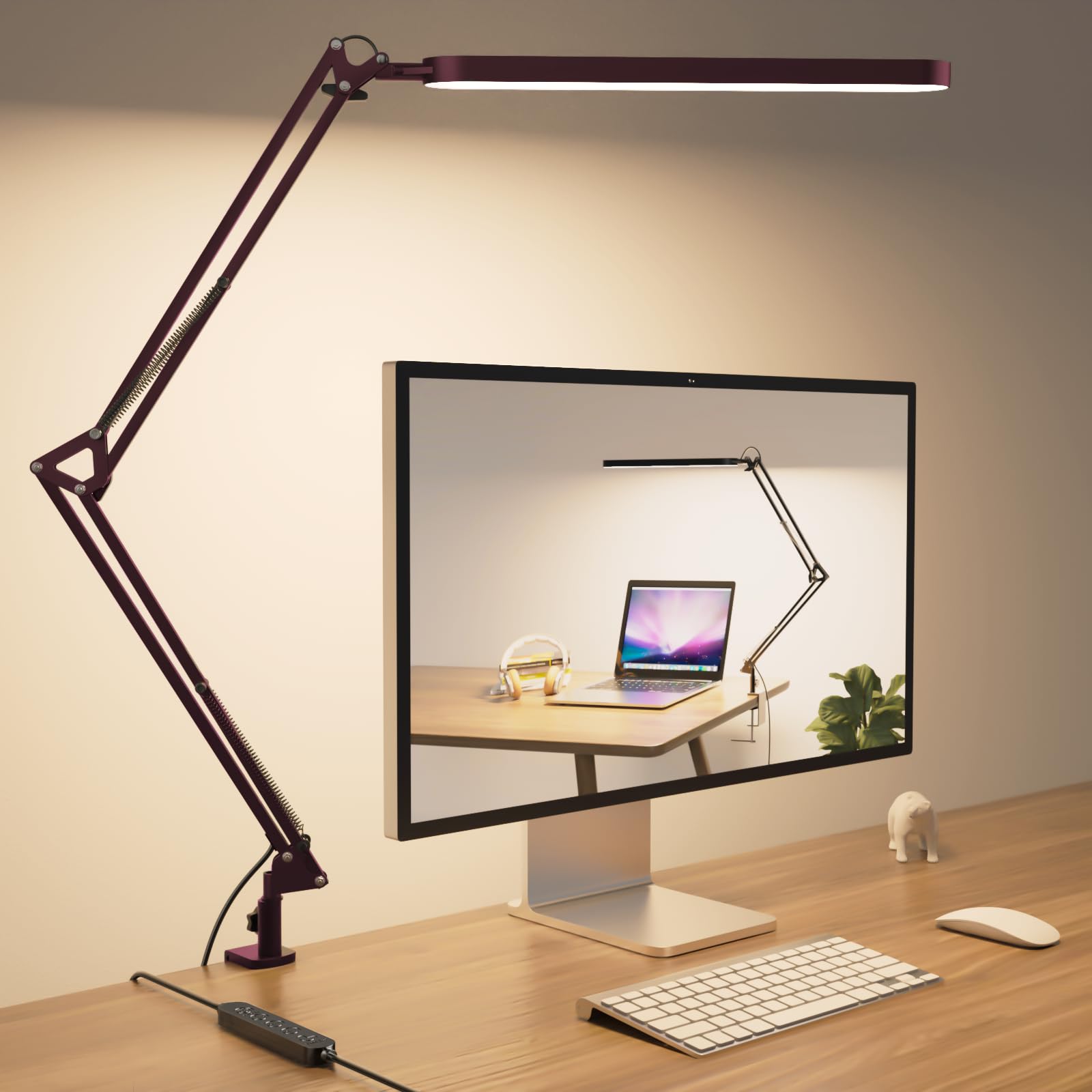 Desk Lamp - LED Desk Light - 5 Color Modes X 11 Brightness Levels - Adjustable Swing Arm - Timmer & Memory Function - 12W Lamp for Desk - Red