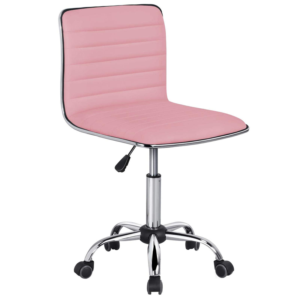 Pink Low Back PU Leather Ribbed Armless Office Chair, Ergonomic Swivel Task Chair with Wheels