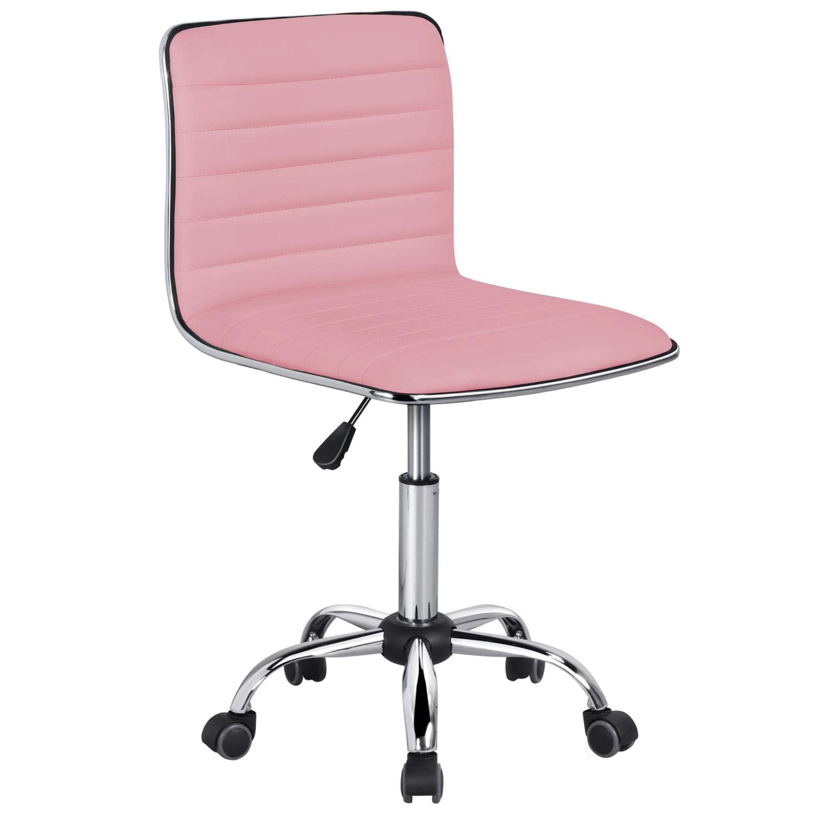 Pink Low Back PU Leather Ribbed Armless Office Chair, Ergonomic Swivel Task Chair with Wheels