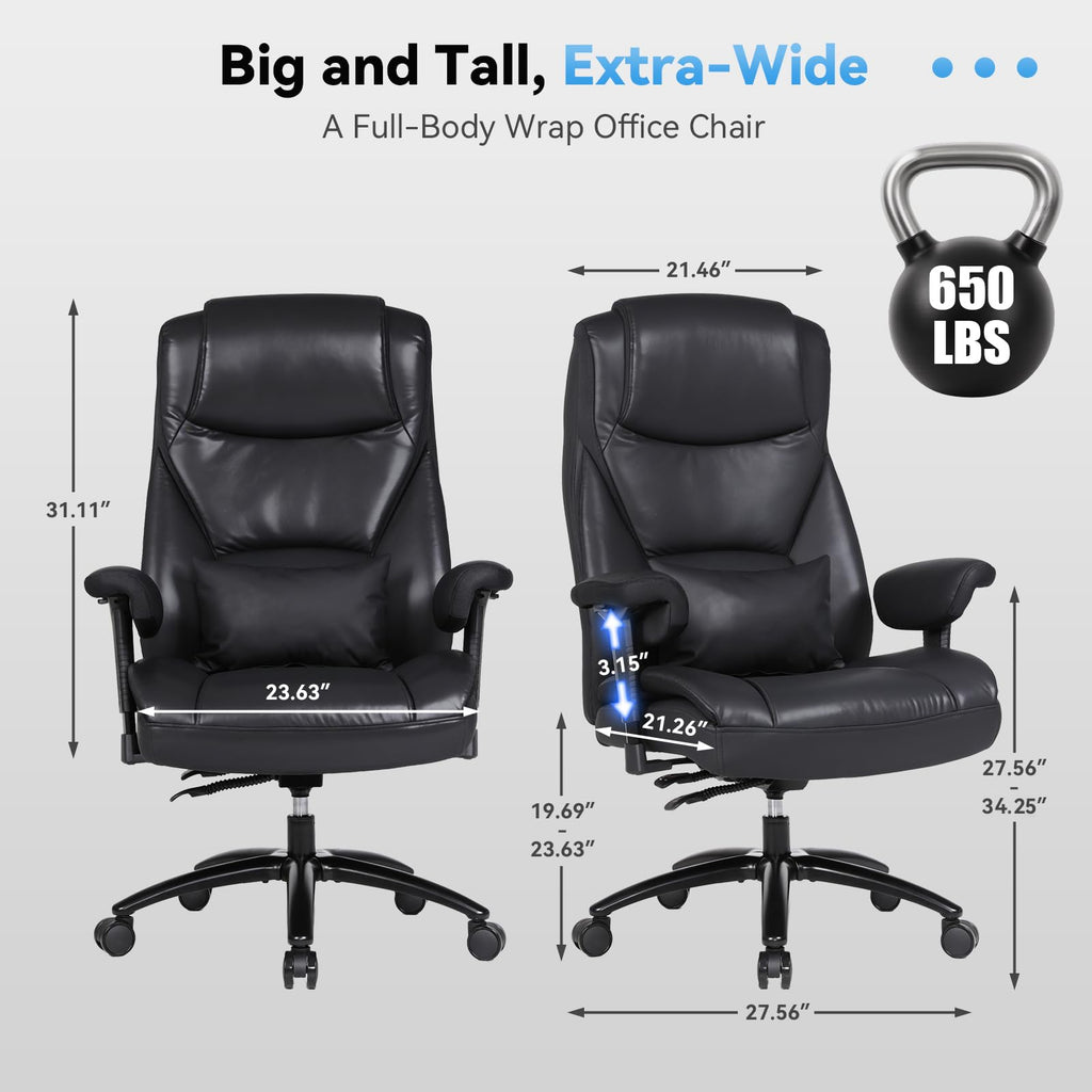 Big and Tall Office Desk Chair with 5-Position Armrests, 650 LBS Heavy Duty Executive Office Chair Comfy, Extra Wide Seat, High Back Computer Chair with Lumbar Support, Reclining Tilt Lock