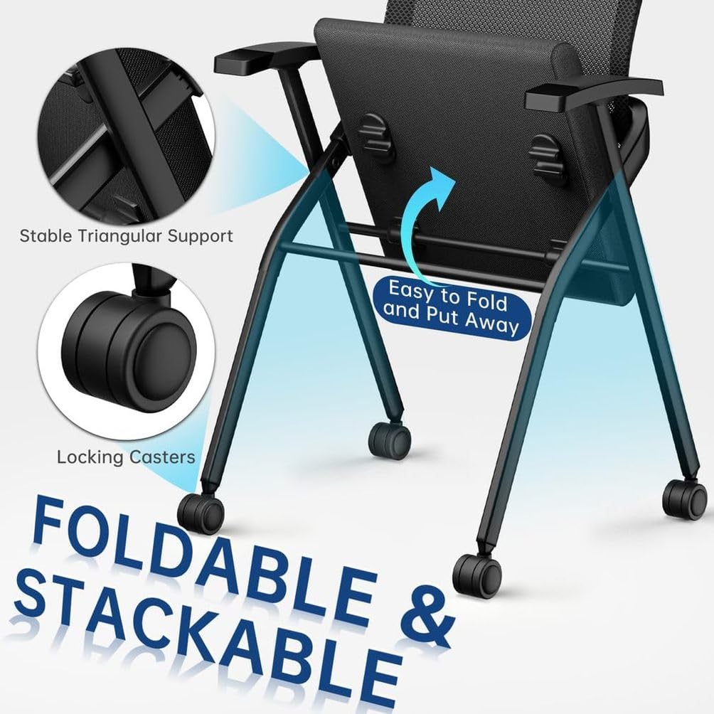 24 PK, Folding Office Chair with Wheels - Mobile Mesh Back Conference Room Chair with Padded Seat, Foldable & Stackable for Meeting Room, Training, Seminar,Classroom School & Office - Black