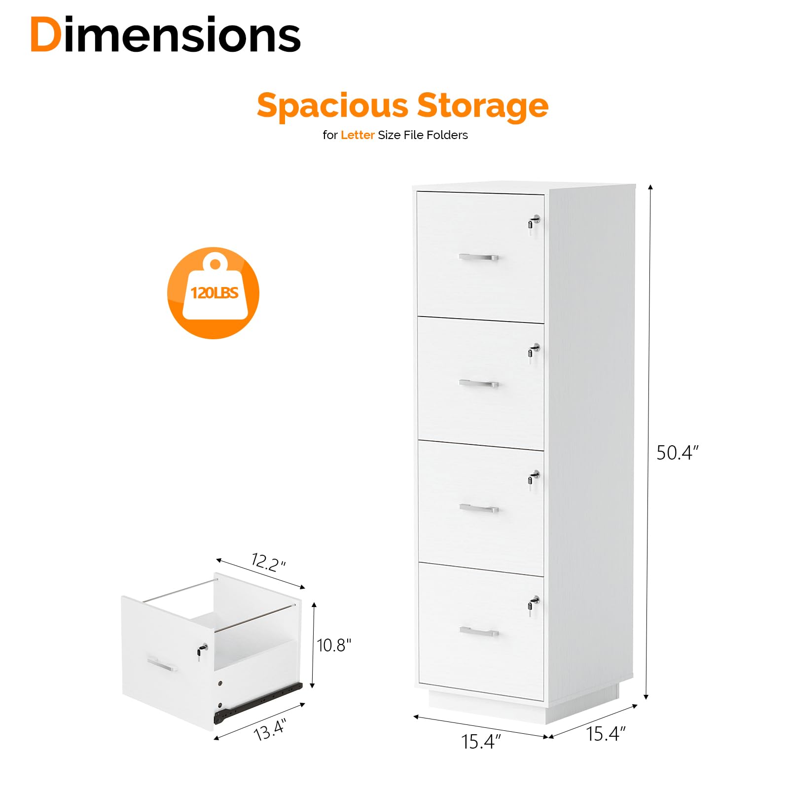 4 Drawer File Cabinet with Lock, Home Office Filing Organizer, for Letter Size File Folder Storage, Wood Tall Vertical Filing Cabinet, Printer Stand, Archivador (White)