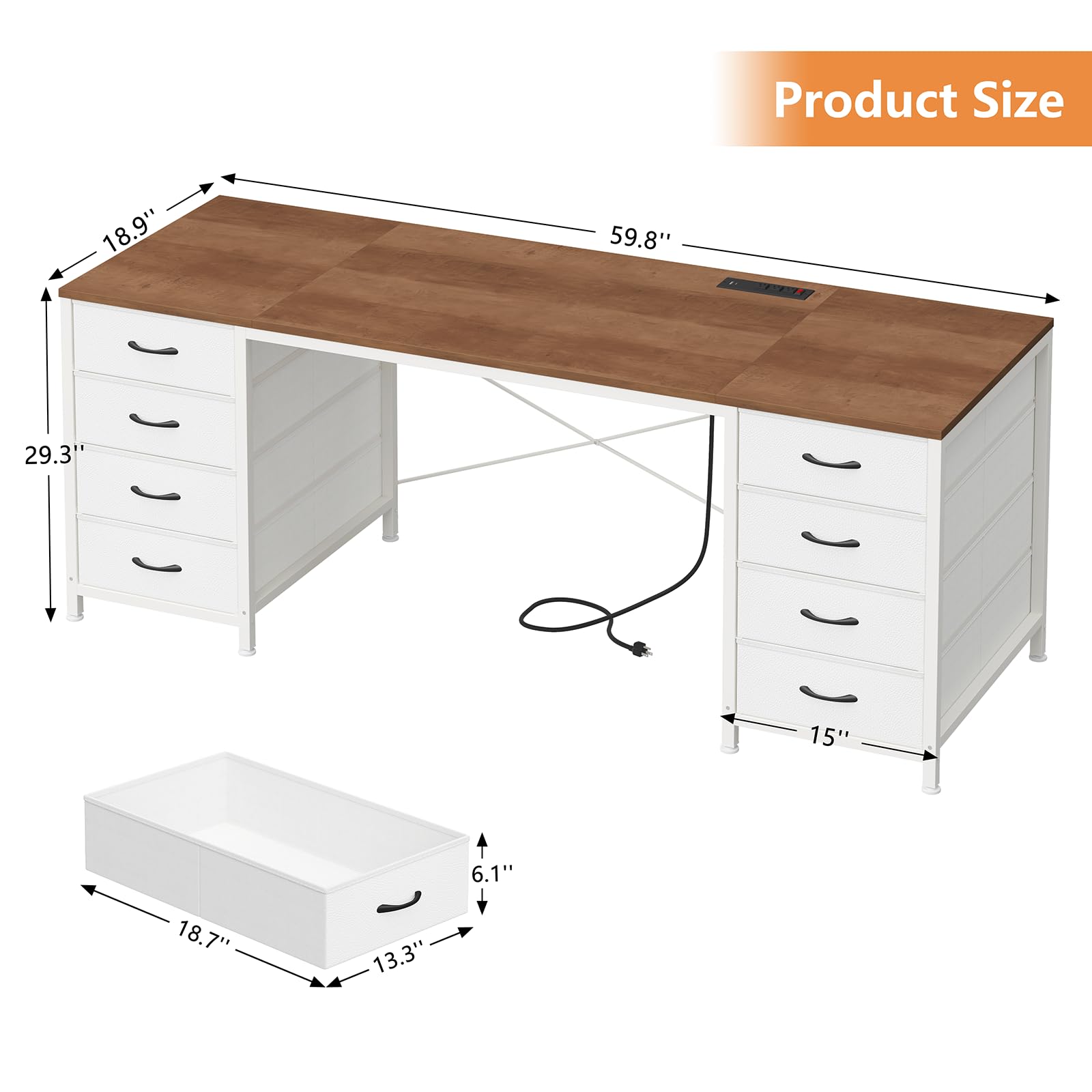 60 Inch Computer Desk with 8 Drawers, Home Office Desk with Power Outlets, Work Study Gaming Desk with 8 Fabric Drawers, Brown and White