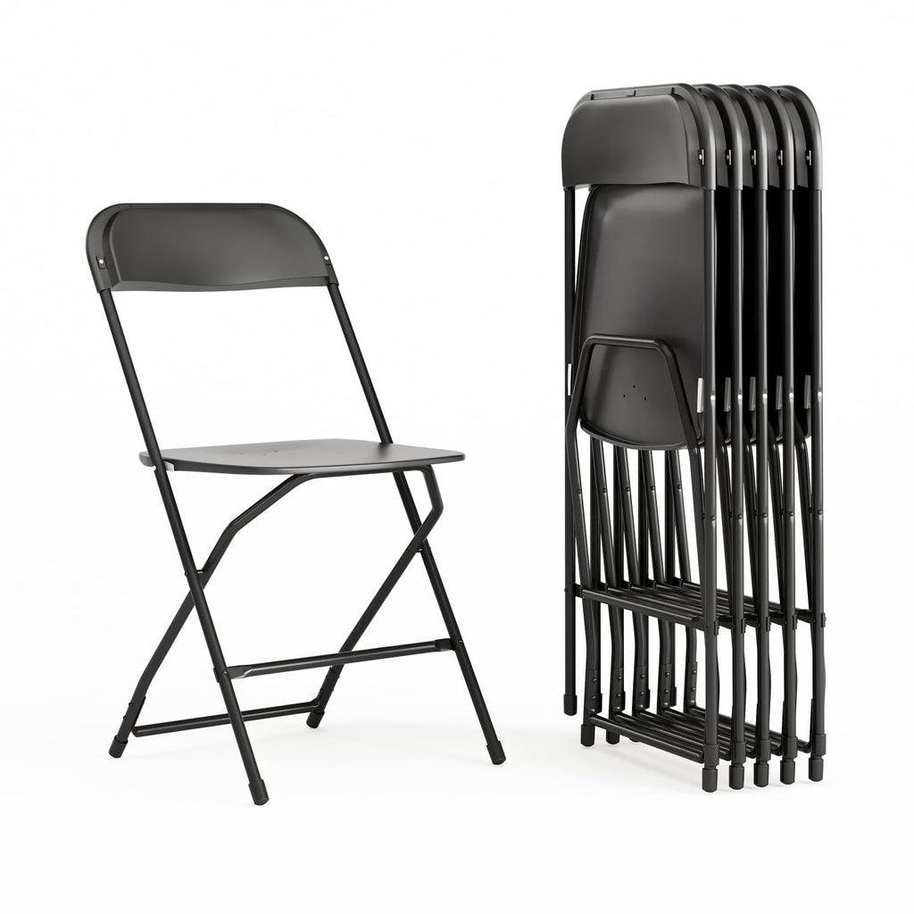 Set of 6, Hercules Series Plastic Folding Chairs for Parties and Weddings, Stackable Commercial Event Seats with 650-lb. Static Weight Capacity, Black