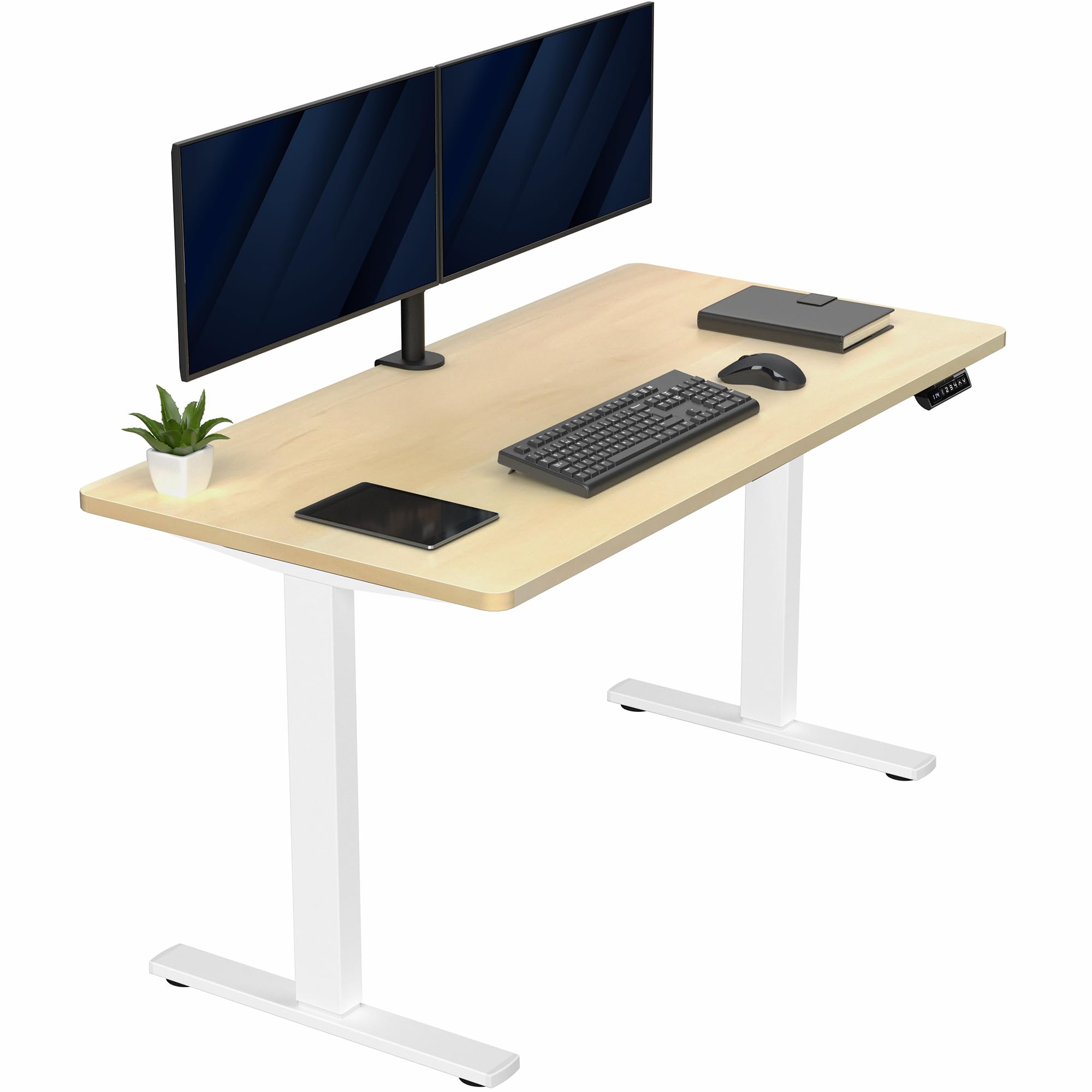Electric 55 x 28 in Standing Desk, Memory Height Adjustment, 1B Series, Holds 220 lbs, One-Piece Light Wood Top, White Frame