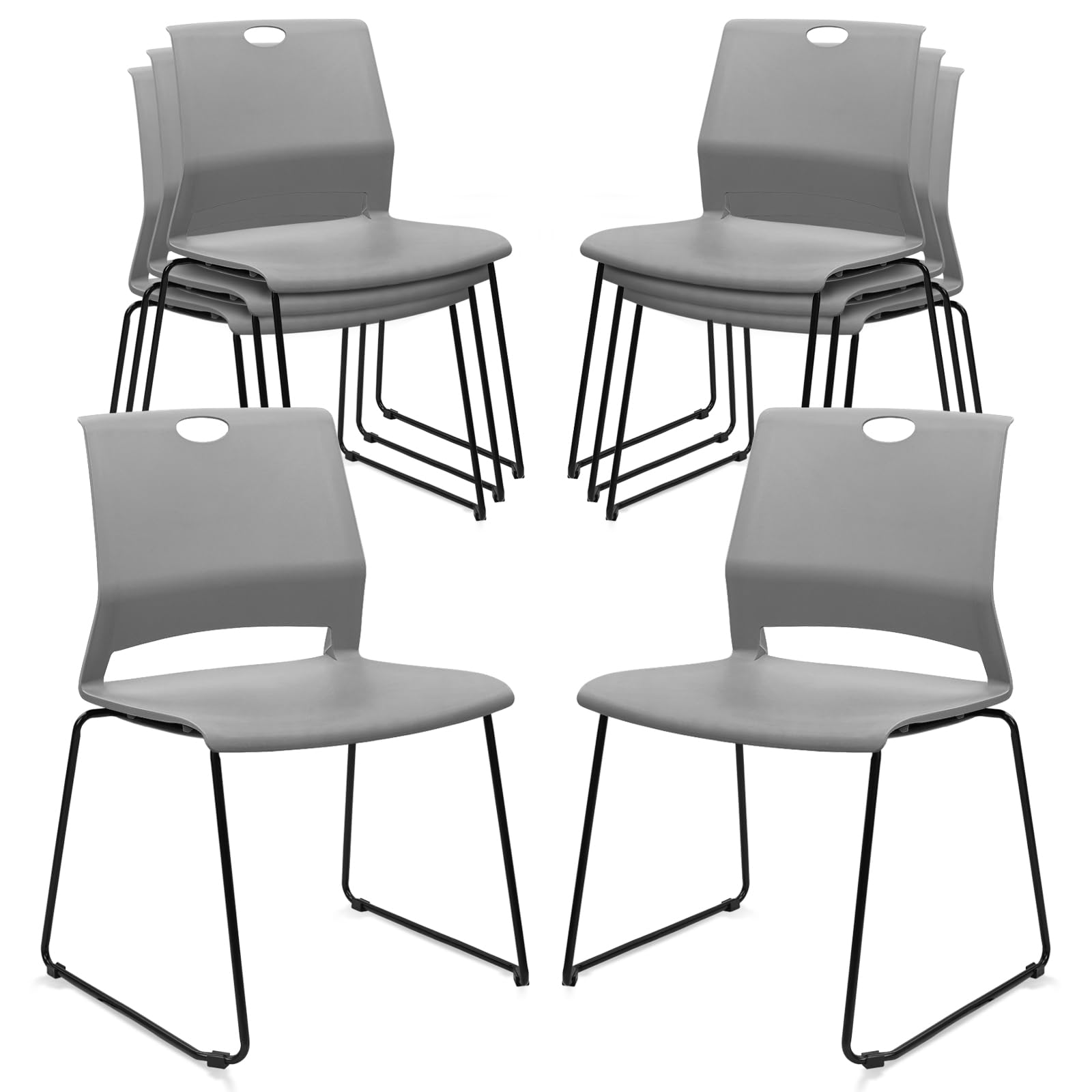 Set of 8, Stackable Guest Reception Chairs, Stacking Office Chair with Ergonomic Lumbar Support & Metal Legs, Plastic Desk Chairs for Conference School Church Waiting Meeting Break Room , Gray