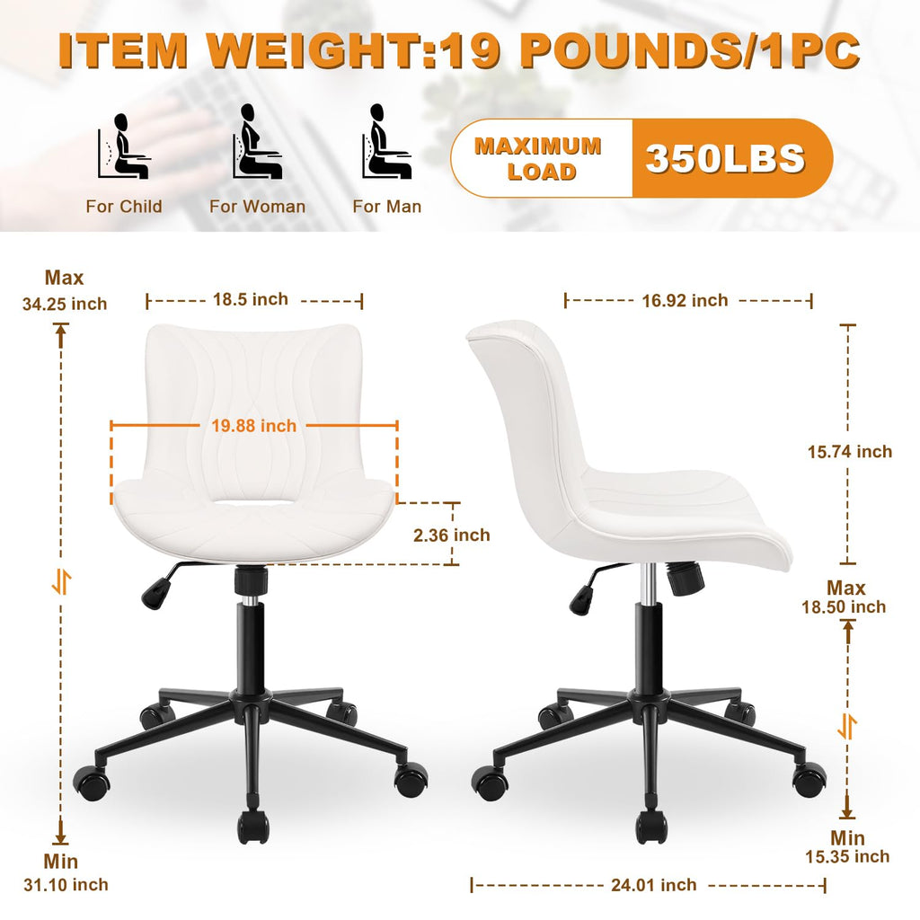 Armless Office Chair, Height Adjustable Desk Chair with Wheels, Ergonomic Comfy 360° Swivel Home Office Computer Task Chair, Faux Leather Padded Cute Vanity Chair, White