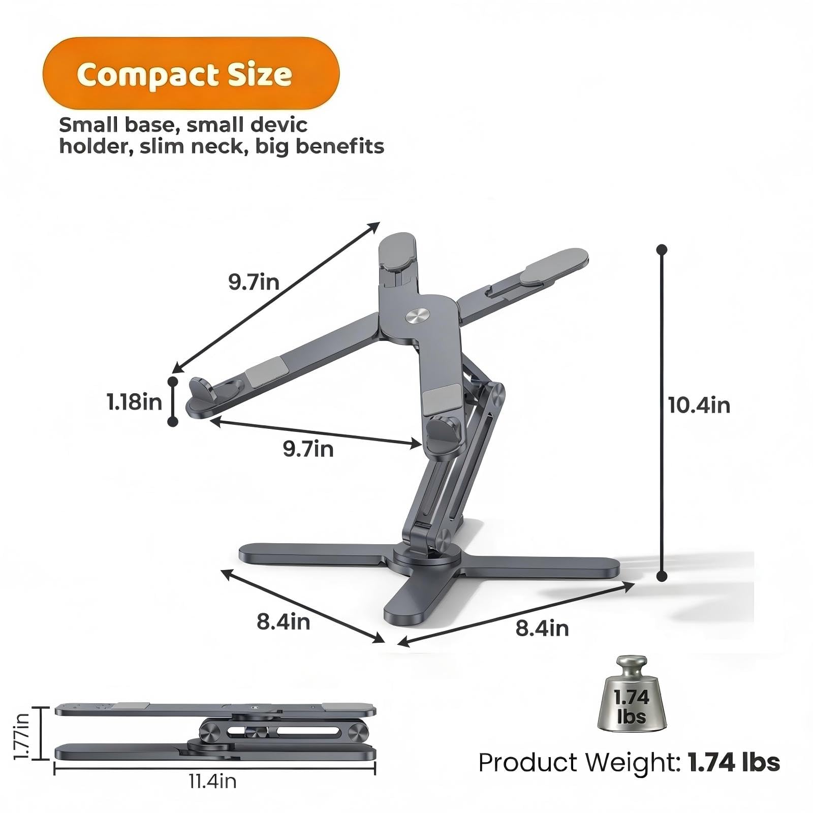 Rotating Laptop Stand, Adjustable Height & Angle, Ergonomic Metal Riser for Desk Collaborative Work, Fully Foldable for Easy Storage, Fits All MacBook & Laptops up to 16 inches, Grey
