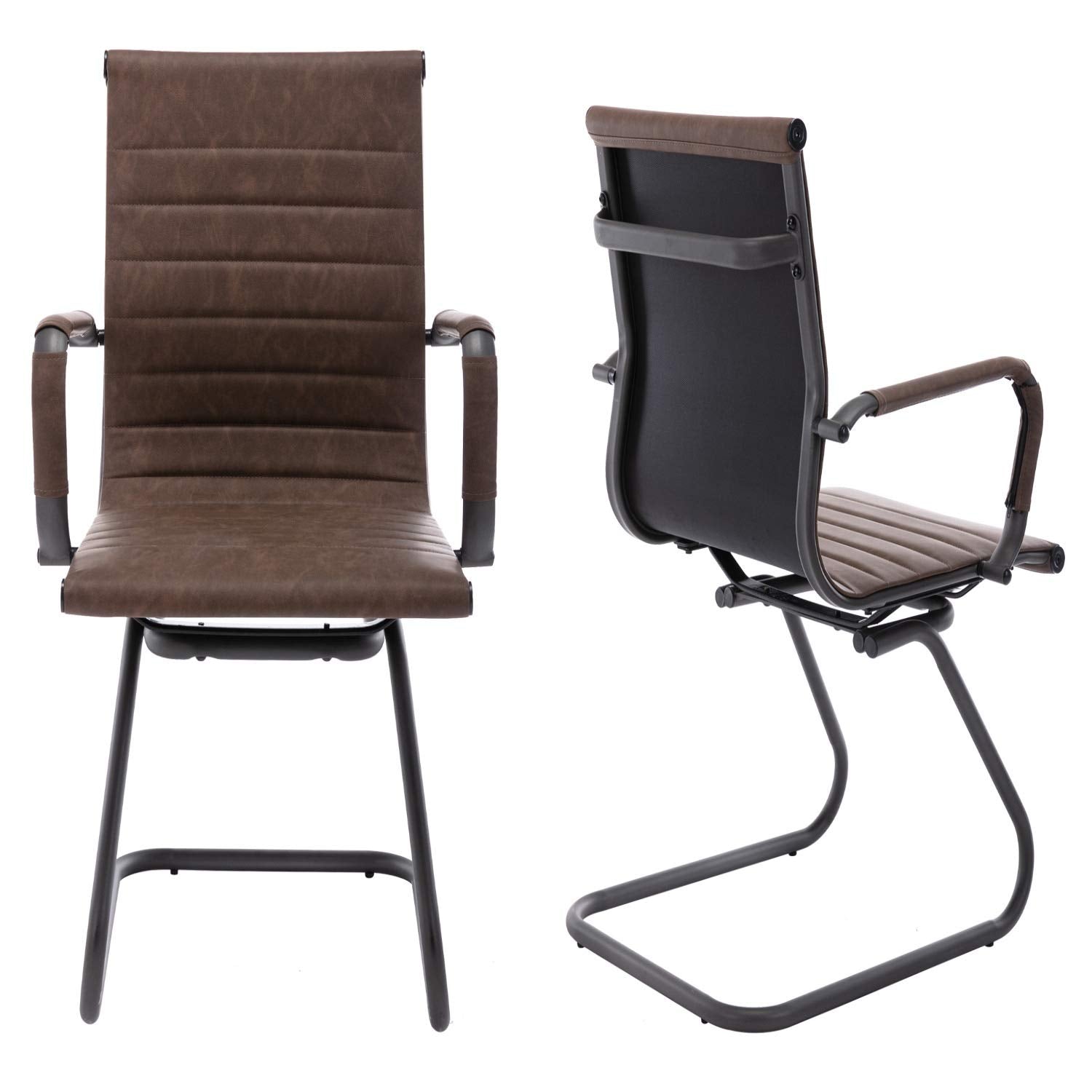 Office Chairs No Wheels Leather Conference Chairs Back Support Guest Chair, Set of 2 (Vintage Brown)
