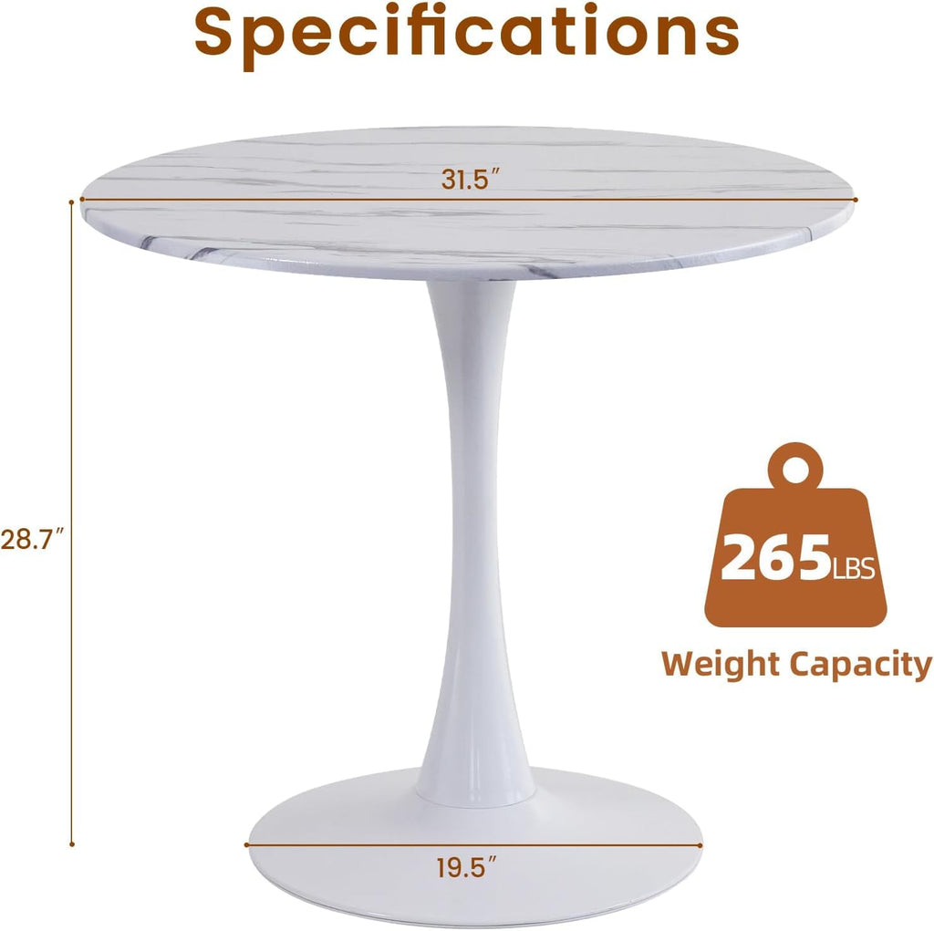 Comtrysail Round Dining Tulip Table for 4, Mid-Century Modern Table with Sturdy Metal Pedestal for Kitchen, Bistro, Cafe, Leisure (Faux Marble White, 31.5 INCH)