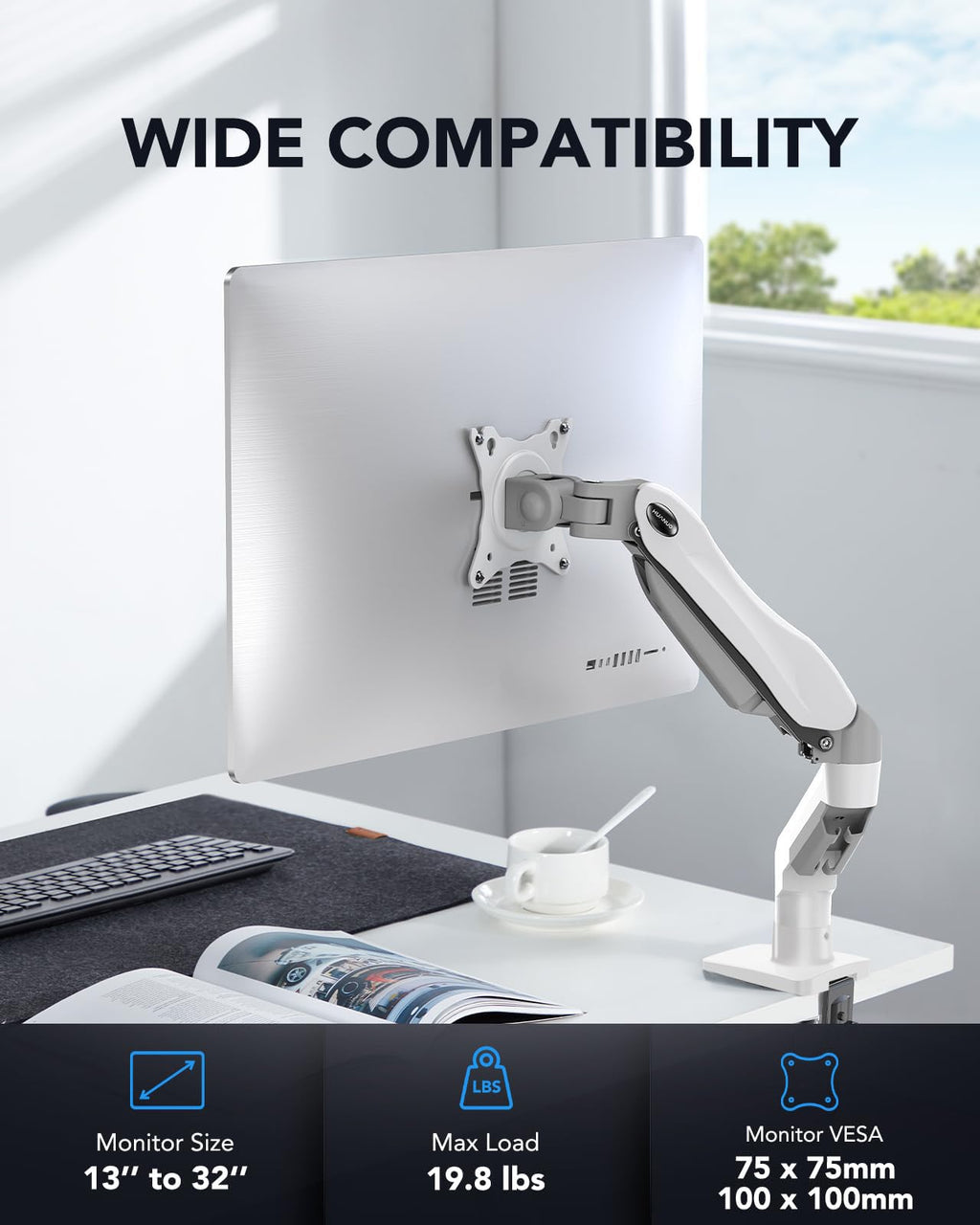 Single Monitor Mount, 13 to 32 Inch Gas Spring Monitor Arm, Adjustable Stand, Vesa Mount with Clamp and Grommet Base - Fits 4.4 to 19.8lbs LCD Computer Monitors