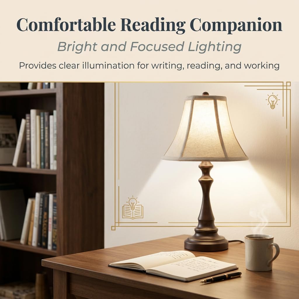 Traditional Table Lamp, Brown Vintage Desk Lamp with Fabric Shade