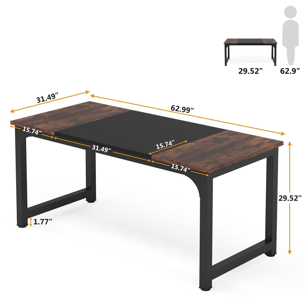 63” Executive Desk, Large Office Computer Desk with Thicken Frame, Modern Simple Workstation Business Furniture for Home Office, Rustic Brown/Black