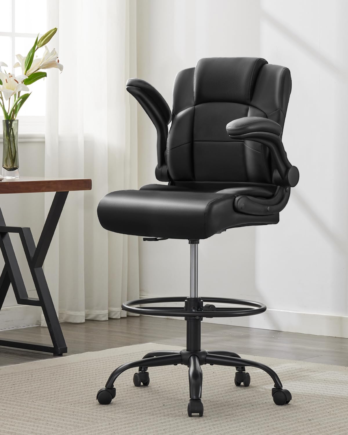 Ergonomic Drafting Chair,Tall Office Chair for Standing Desk with Flip-Up Armrests,Adjustable Foot Ring & Height, High Leather Executive Office Chair for Home,Drawing or Counter Height Use