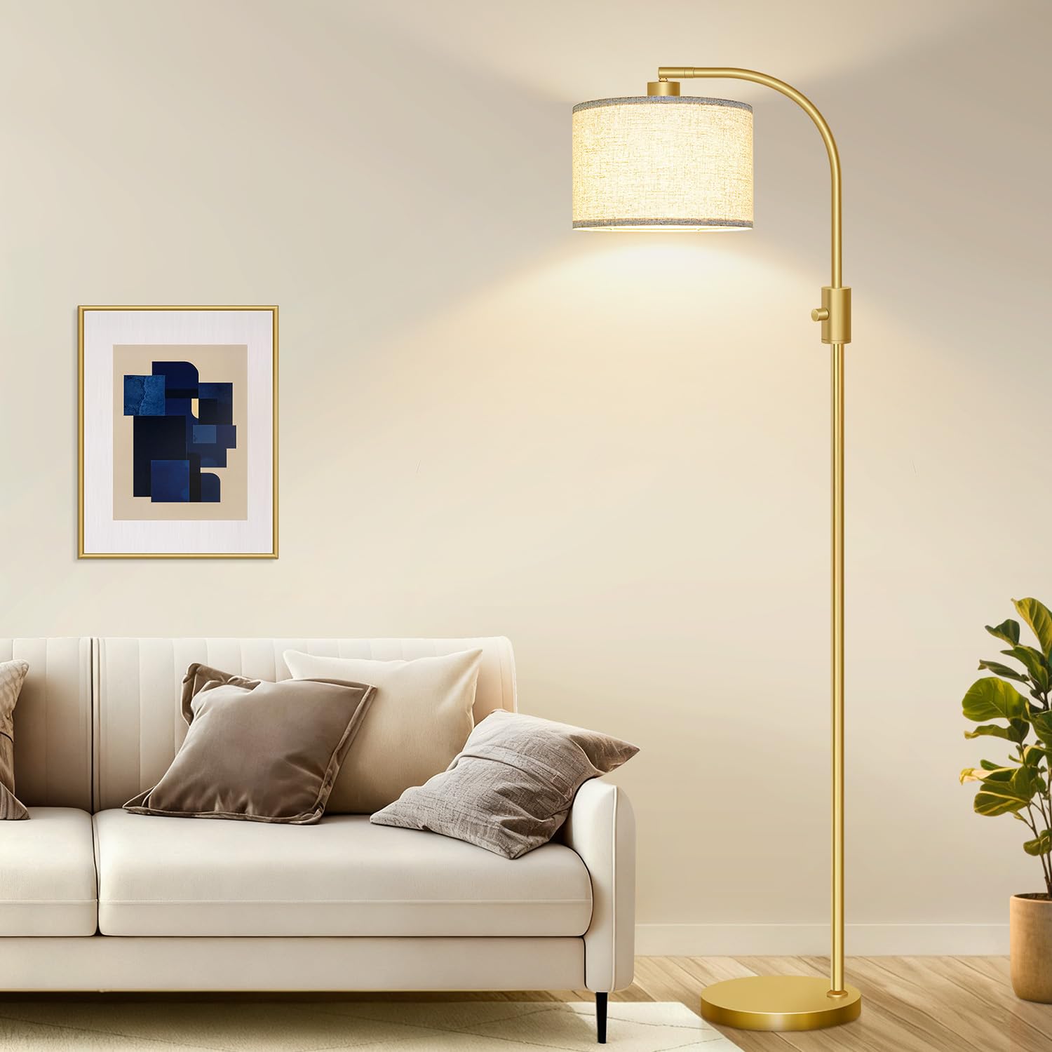 Upgraded Modern Arc Dimmable Tall Standing Floor Lamp with Linen Shade, 1200 Lumens LED Bulb Included, for Living & Reading Room, Bedroom, Office & Nursery, Gold