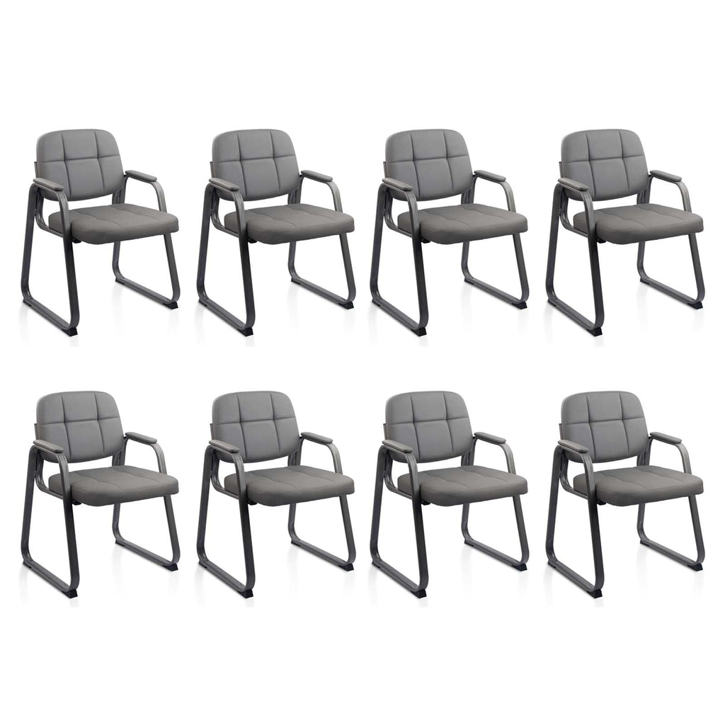 8 Pack, Waiting Room Guest Chair with Bonded Leather Padded Arm Rest for Office Reception and Conference Desk Black with Sled Base Grey
