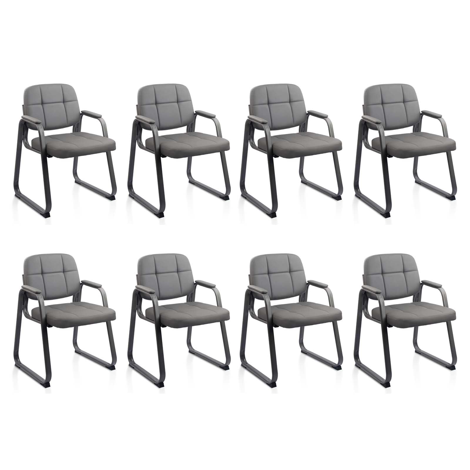 8 Pack, Waiting Room Guest Chair with Bonded Leather Padded Arm Rest for Office Reception and Conference Desk Black with Sled Base Grey