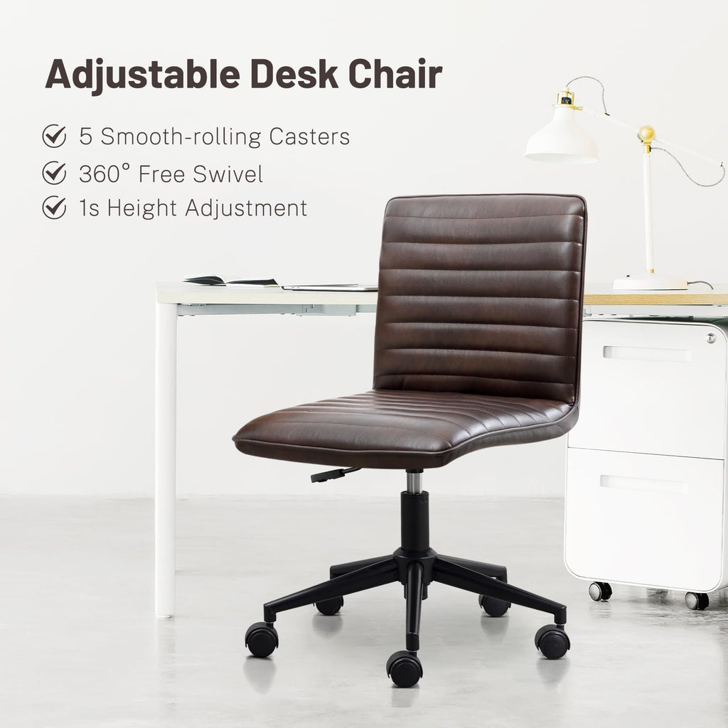 PU Leather Office Desk Chair, Armless Vanity Chair with Wheels 360° Swivel Mid Back Height Adjustable, Computer Rolling Chairs with Gold Metal Base Stool, Black Brown