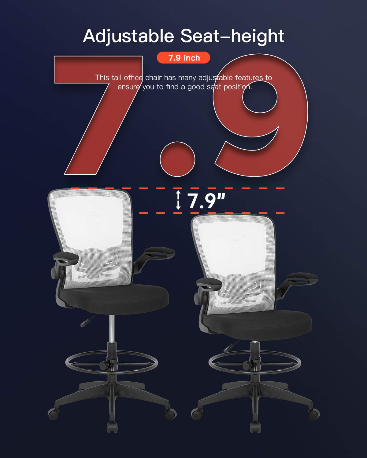 Drafting Chair Tall Office Chair Adjustable Height with Lumbar Support Arms Footrest Mid Back Standing Desk Chair with Swivel Rolling Mesh Stool White