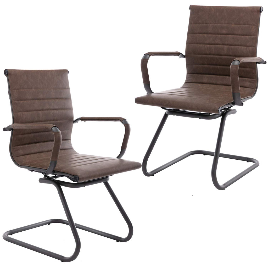 Office Chairs No Wheels Leather Conference Chairs Back Support Guest Chair, Set of 2 (Vintage Brown)