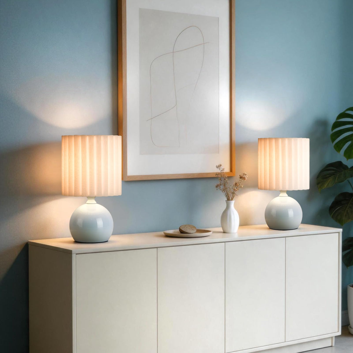 Blue Small Table Lamp with Scalloped Linen Shade, Mini Blue Table Lamp for Bedroom Nightstand, Cute Desk Night Light for Living Room, Bookshelf, Kitchen Counter, Kids Room, Office