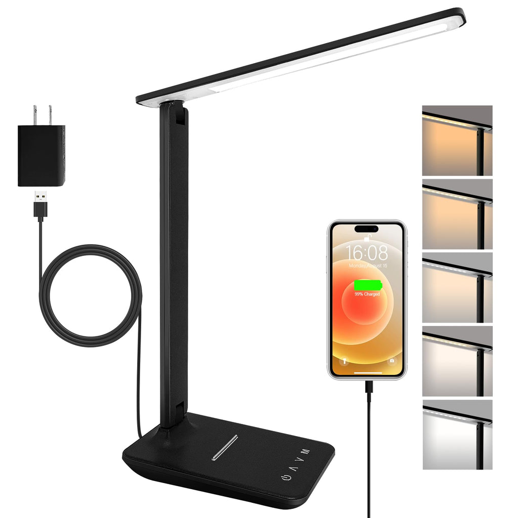 LED Desk Lamp for Office Home, Bright Desk Light with USB Charging Port, Adjustable Dimmable Desk Lamps 5 Modes 5 Brightness, Touch Study Lamp for Nail, Craft, Puzzle, Sewing, Study, Black