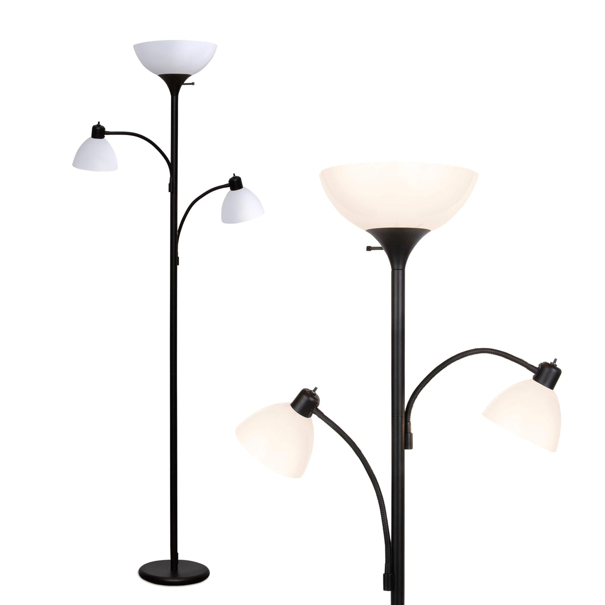 Sky Dome Double LED Floor Lamp, Torchiere Super Bright Floor Lamp with 2 Reading Lamps for Living Rooms & Offices - Dimmable Tall Standing Lamp for Bedroom Reading - Tall Black Pole